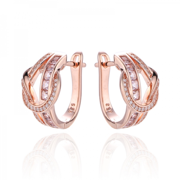 Morganite quadrada nano e brinco de prata de zircão cúbico branco redondo com chapeamento Rose Glod 