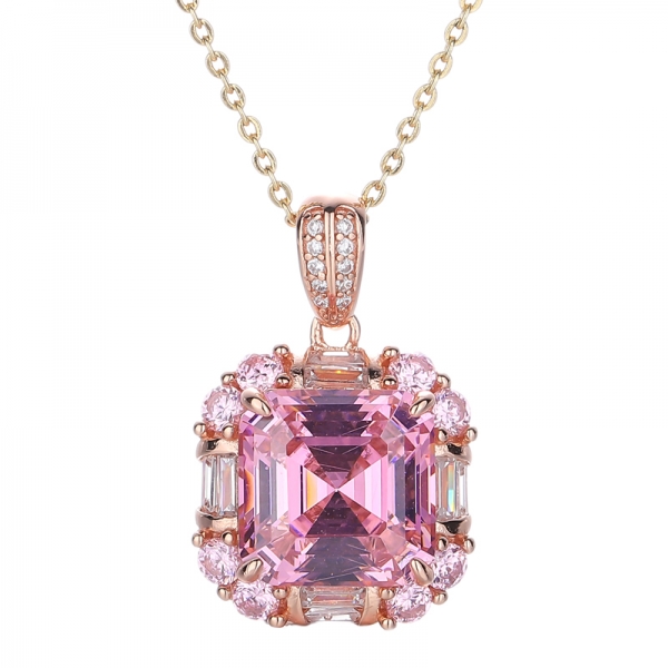 Pingente de prata Asscher rosa e baguete branco com zircão cúbico e revestimento Rose Glod 