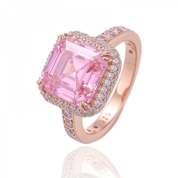 Anel de prata Asscher rosa e redondo branco com zircão cúbico e banho de ouro rosa 