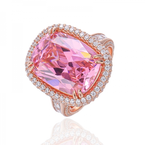 Almofada diamante rosa e anel de prata de zircão cúbico branco quadrado com chapeamento de ouro rosa 