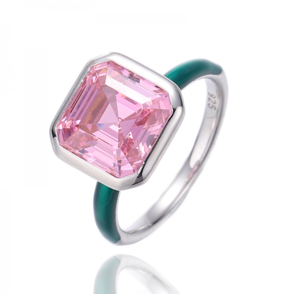 Anel de prata Asscher com zircão cúbico rosa e esmalte verde banhado a ródio 