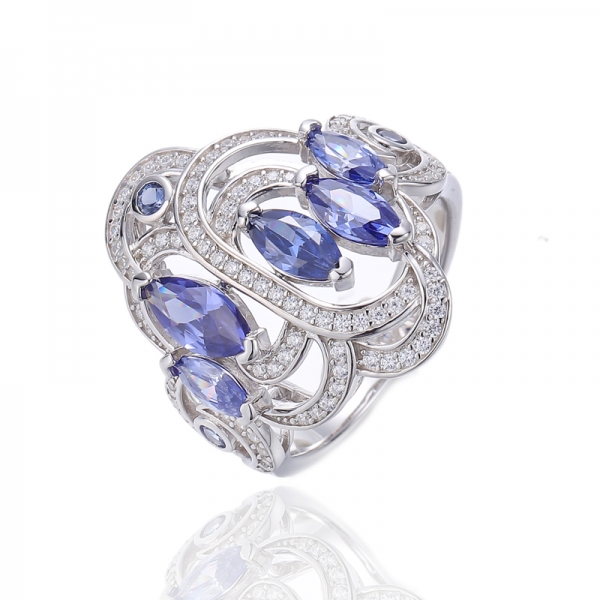 Marquise Tanzanite Cubic Zircon e anel redondo de prata Tanzanite Nano Rhodium 