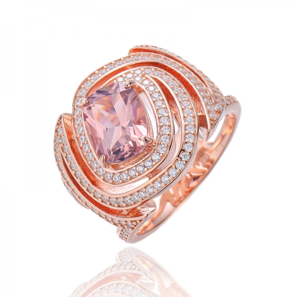 Almofada Morganite Nano e anel de prata redondo de zircão cúbico branco com banho de ouro rosa 