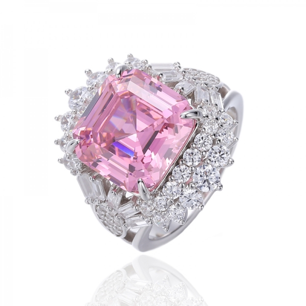 Anel de prata Asscher rosa e baguete branco com zircão cúbico banhado a ródio 