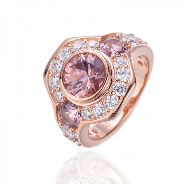 Anel de prata nano e branco do zircão cúbico de Morganite redondo com chapeamento de ouro de Rosa 