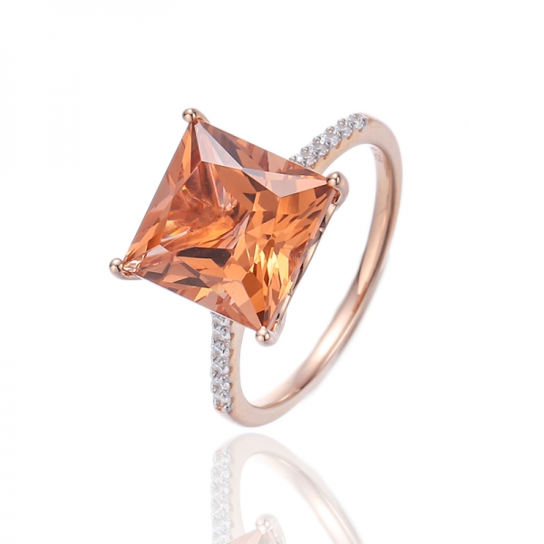 Morganite quadrada Nano e anel de prata de zircão cúbico branco de forma redonda com chapeamento de ouro rosa 