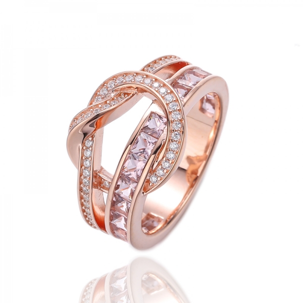 Morganite quadrada Nano e anel de prata de zircão cúbico branco de forma redonda com chapeamento de ouro rosa 