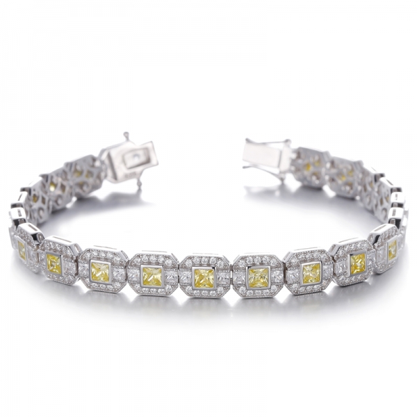 Pulseira quadrada de diamante amarelo e redondo branco com zircão cúbico em prata e ródio
     