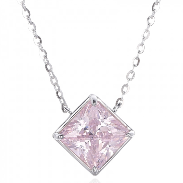 Colar quadrado de prata e ródio com zircão cúbico branco rosa e diamante quadrado 