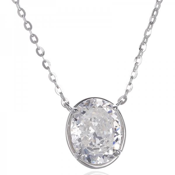 Diamante G de forma oval e colar de prata de ródio com zircão cúbico branco redondo 