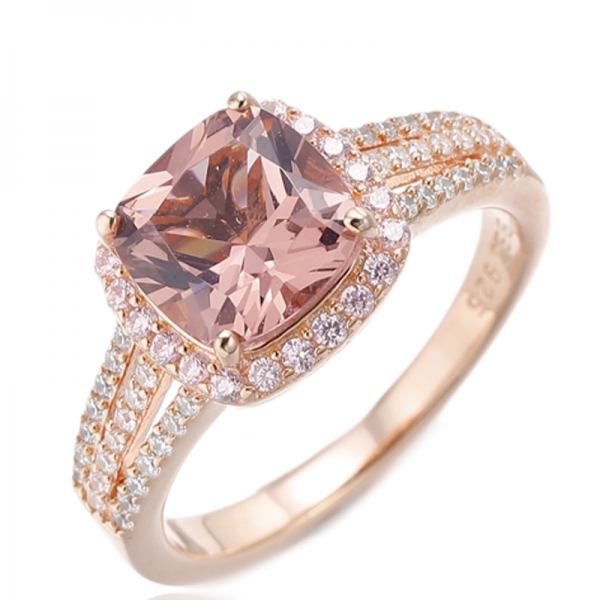 Almofada Morganite Nano e anel de prata redondo de zircão cúbico rosa com banho de ouro rosa 