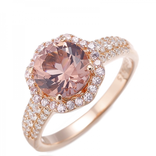 Anel de prata de zircão cúbico nano e rosa redondo de Morganite com chapeamento de ouro rosa 