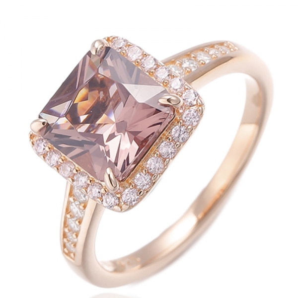 Octagon Morganite Nano e anel de prata redondo de zircão cúbico rosa com chapeamento de ouro rosa 