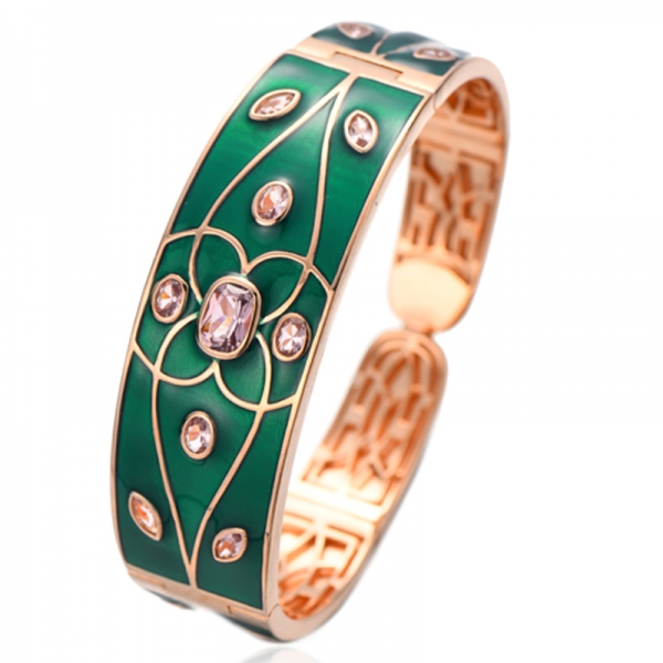 Almofada e formato oval Morganite Nano pulseira de prata banhada em ouro rosa com esmalte verde 