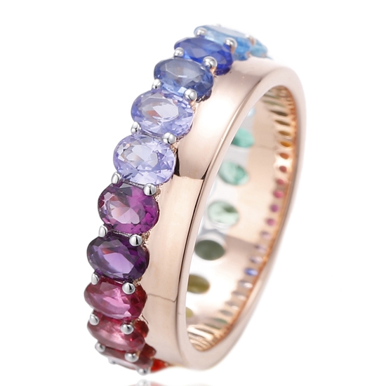 Anel de prata com zircônia cúbica arco-íris oval e banho de ouro rosa 