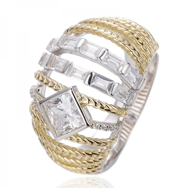 Anel de prata com zircônia cúbica branca e diamante quadrado rosa e baguete com banho de ródio e ouro rosa 