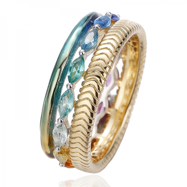 Anel de prata com zircônia cúbica e esmalte arco-íris Marquise Rainbow com revestimento em dois tons 