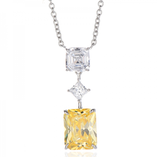 Colar Octagon Diamond Yellow e Asscher White Cubic Zircon Rhodium Silver 