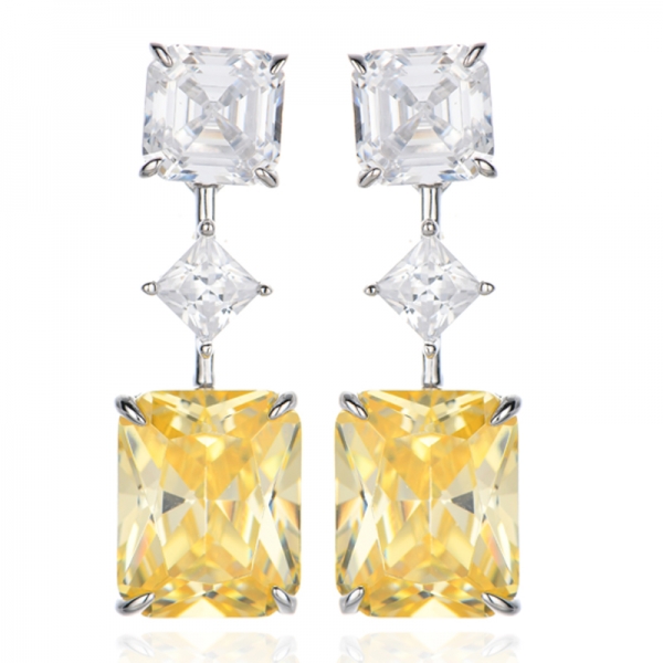 Brinco de zircônia cúbica octogonal com diamante amarelo e ródio em prata Asscher branca 