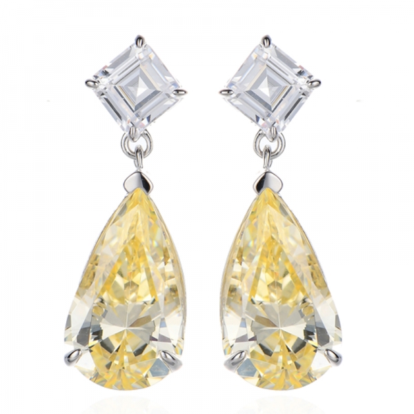 Brinco de zircônia cúbica em formato de pera com diamante amarelo e ródio em prata Asscher branca 