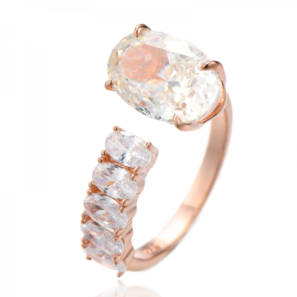 Anel aberto de prata e ródio com zircônia cúbica azul e branca com diamante oval 