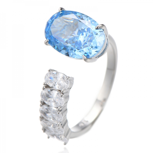 Anel aberto de prata e ródio com zircônia cúbica azul e branca com diamante oval 