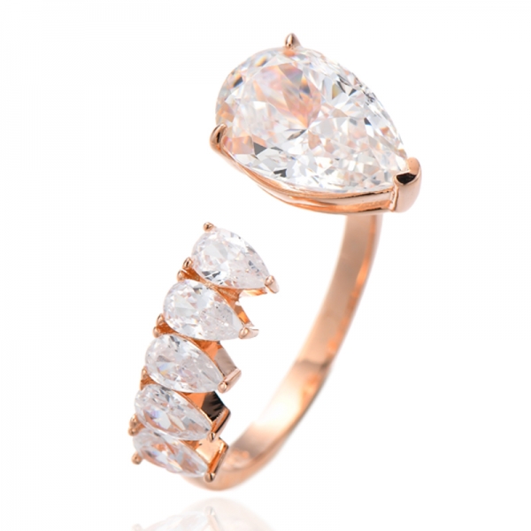 Anel aberto em formato de pêra com diamante amarelo e zircônia cúbica branca e ródio e prata 