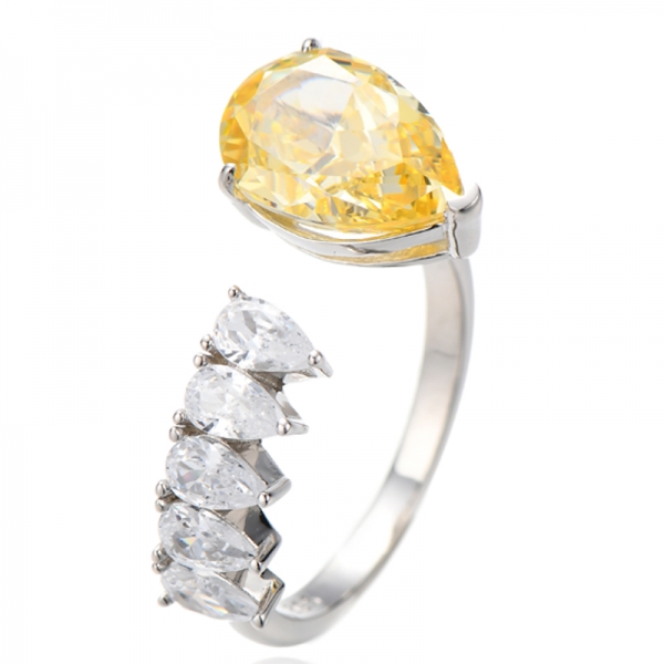Anel aberto em formato de pêra com diamante amarelo e zircônia cúbica branca e ródio e prata 