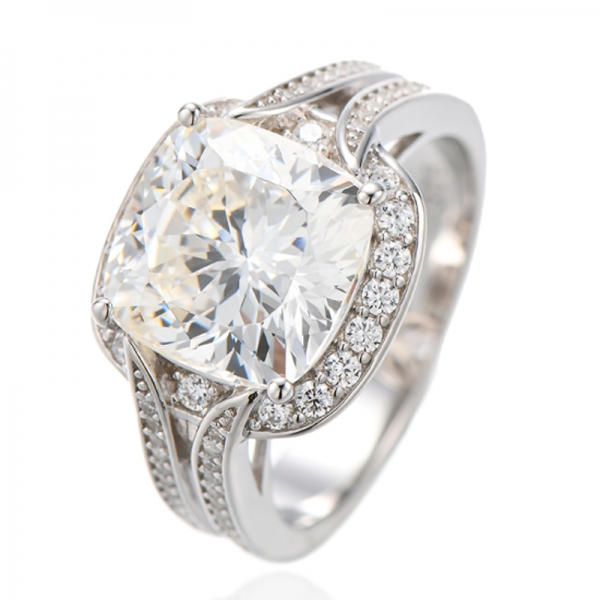 Anel de diamante almofada amarelo e zircônia cúbica branca redonda com ródio e prata 