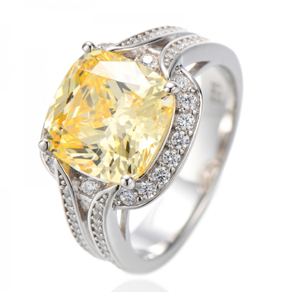 Anel de diamante almofada amarelo e zircônia cúbica branca redonda com ródio e prata 