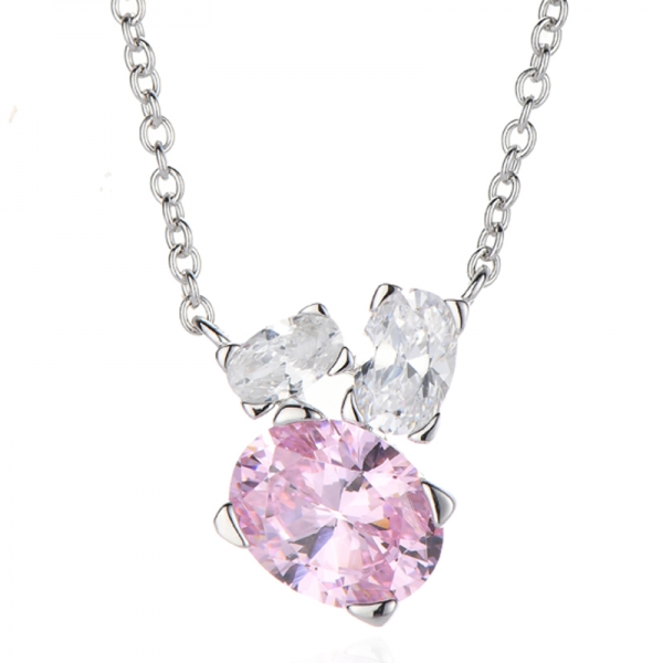 Colar oval com diamante rosa e zircônia cúbica branca e ródio em prata 