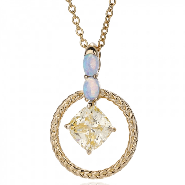 Pingente de prata com zircônia cúbica amarela e diamante almofada e opala oval com revestimento dourado 