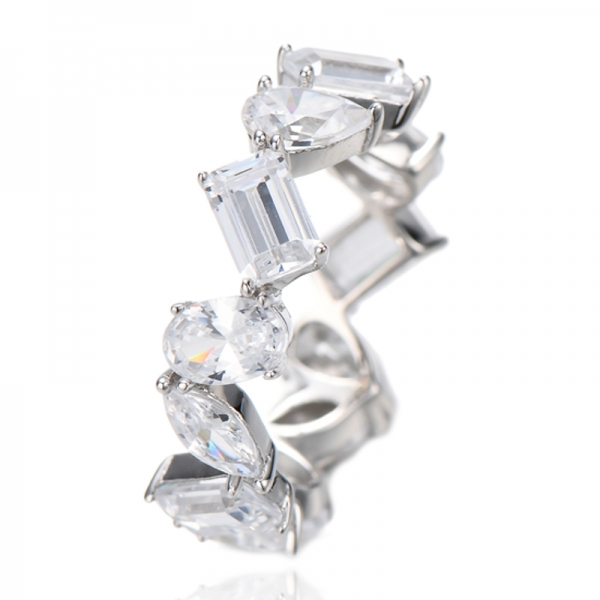 Anel Eternity Marquise e Oval com Zircônia Cúbica Branca e Ródio e Prata 