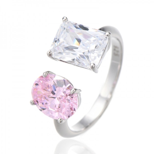 Anel aberto de prata e ródio com zircônia cúbica branca e diamante rosa oval 