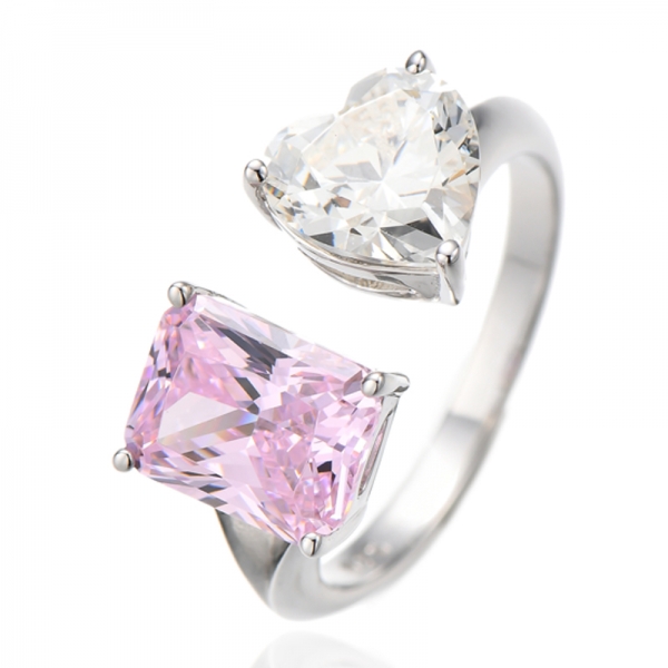 Anel aberto de prata e ródio com zircônia cúbica e diamante rosa em formato de coração 