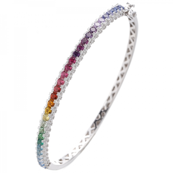 Pulseira redonda de prata com ródio e zircônias cúbicas brancas e coloridas em tons de arco-íris 