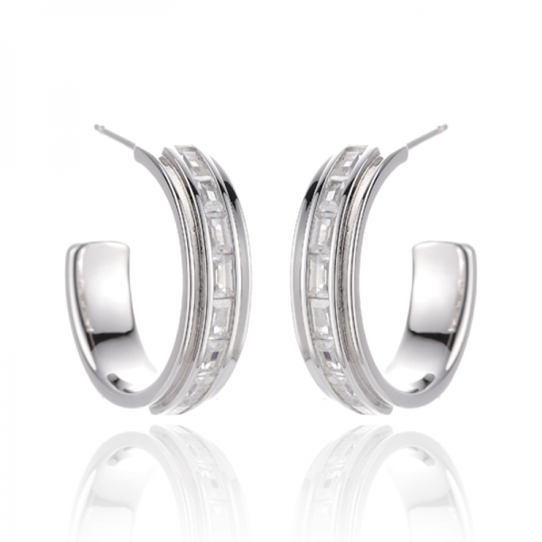 Brinco Baguete Arco-Íris Zircônia Cúbica Prata Ródio 