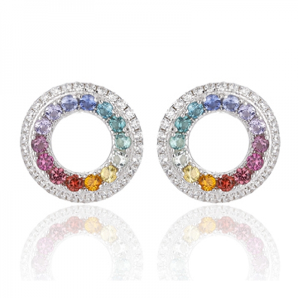 Brinco redondo de prata com ródio e zircônia cúbica branca e arco-íris 